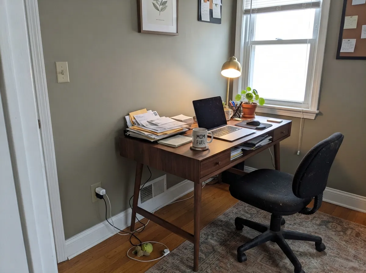 In an office with real daylight and walnut furniture, the green settles in as an easy, grounded neutral — never a loud color decision.