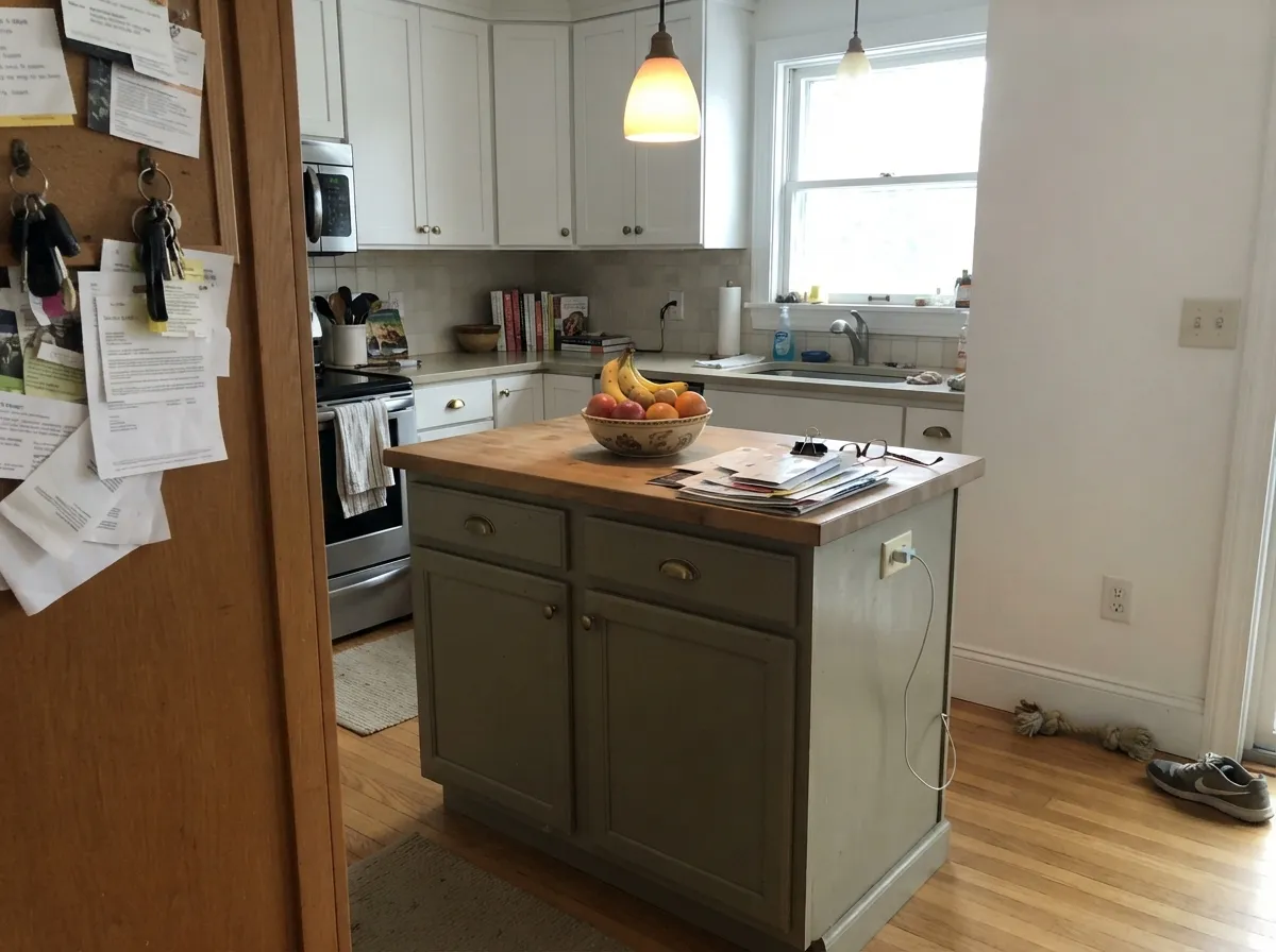 Its best kitchen move: a Weathered Moss island under crisp white perimeter cabinets, warmed up with brass hardware.