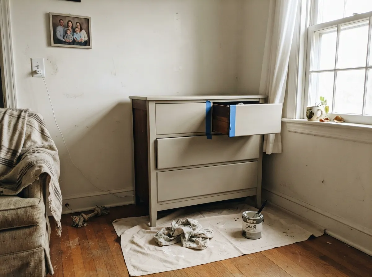 The chalk-paint version doing its most common job — a furniture flip headed for a distressed finish.