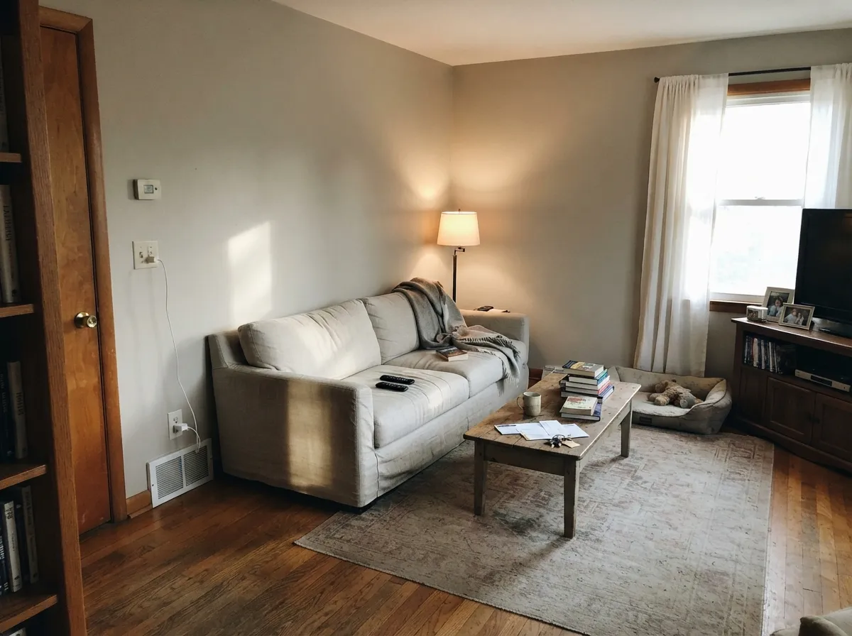 In real daylight with oak floors it settles into a soft, quiet warm gray — never stark, never quite cream.