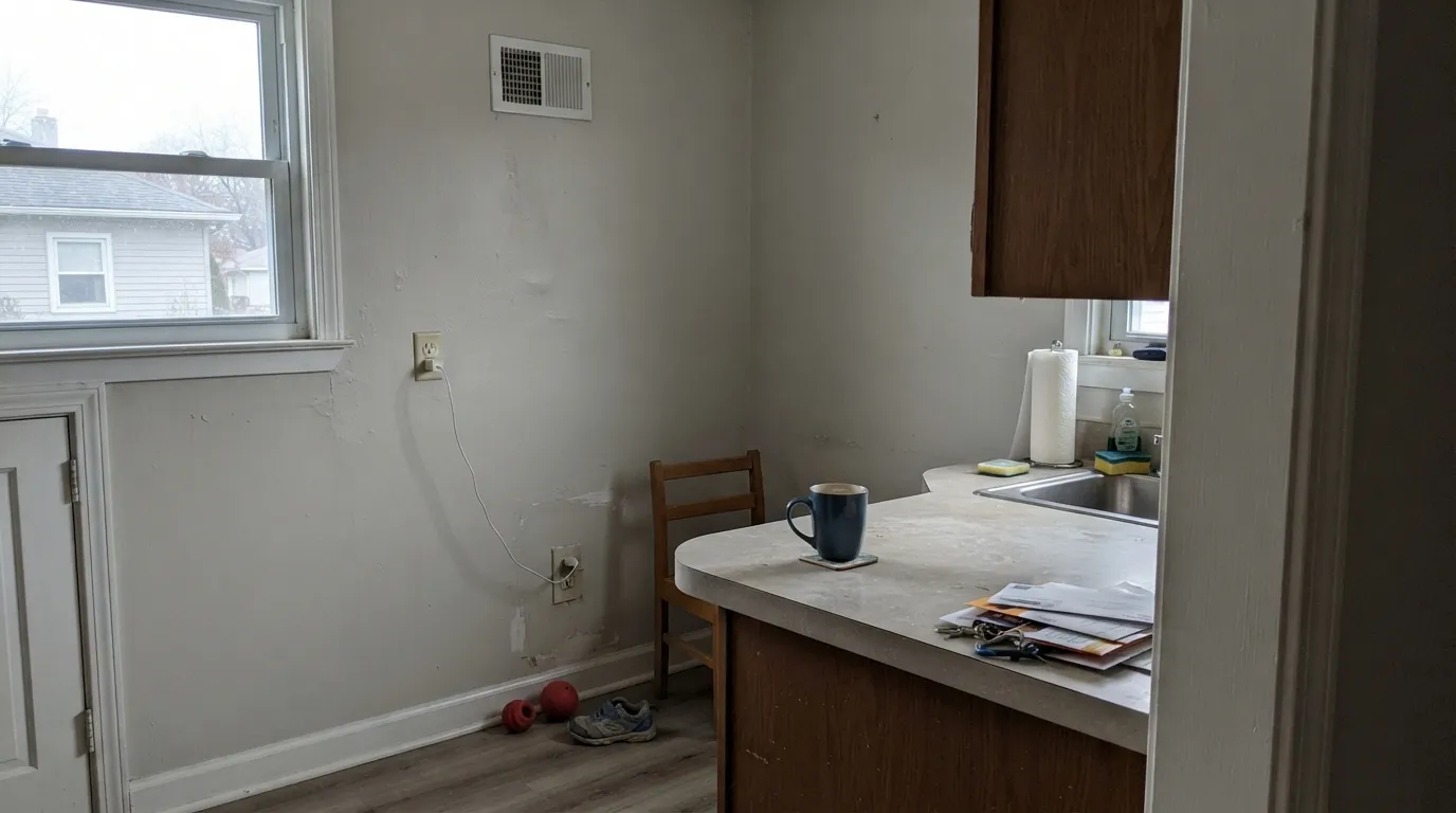 The honest shot: cool north light with no lamps strips out the last of its warmth and leaves plain, flat gray — the exact letdown behind the "I thought it would look warmer" reviews.