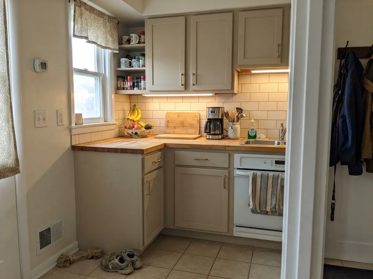 On cabinets against oak and brass, Wheat Bread reads warm without tipping tan-heavy — the pairing it's actually sold for.