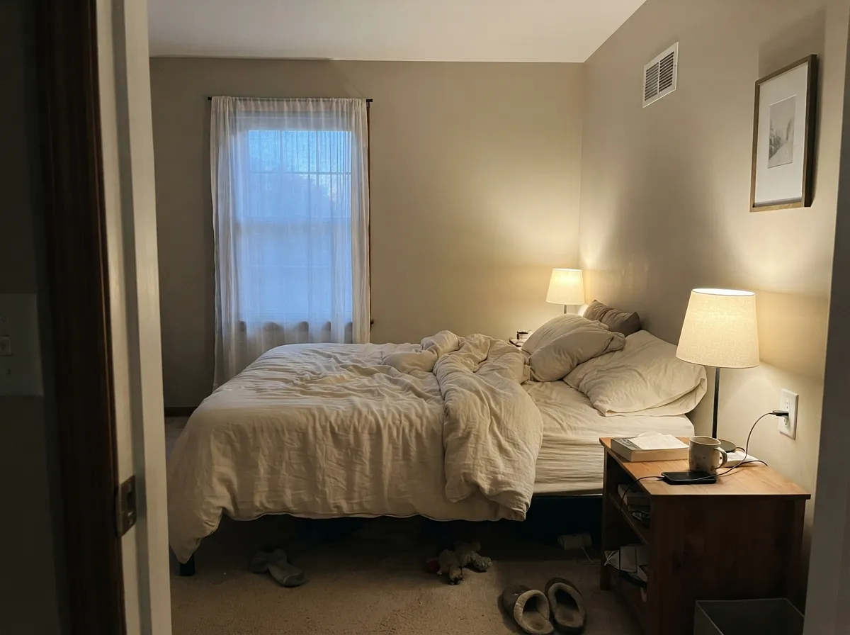 Under a warm 2700K lamp at night the beige side comes forward and the room turns genuinely cozy.