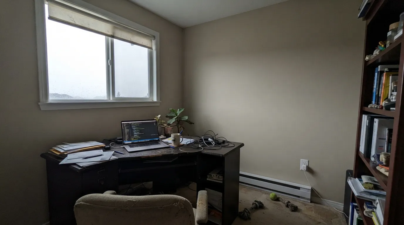 The honest shot: cool north light with no lamps, and the warmth disappears — flat muddy gray instead of the greige-beige on the chip.