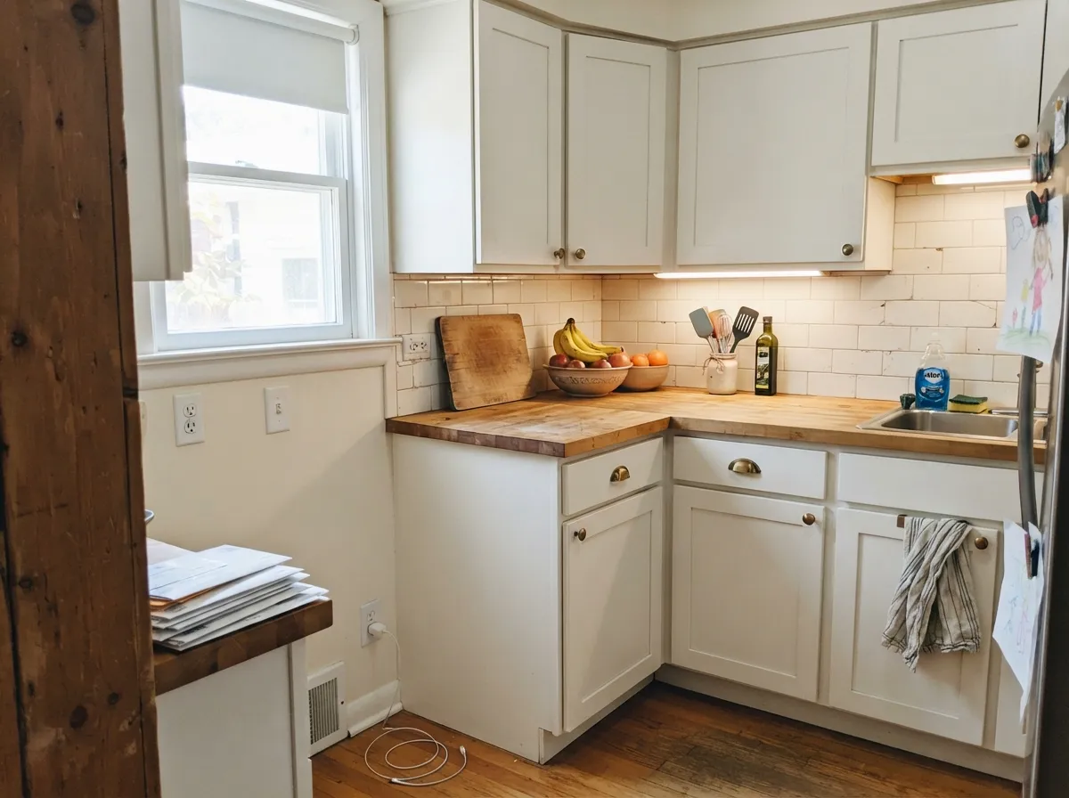 Against warm butcher block and brass it stays neutral instead of picking a fight — the faint undertone doesn't have enough color to argue.