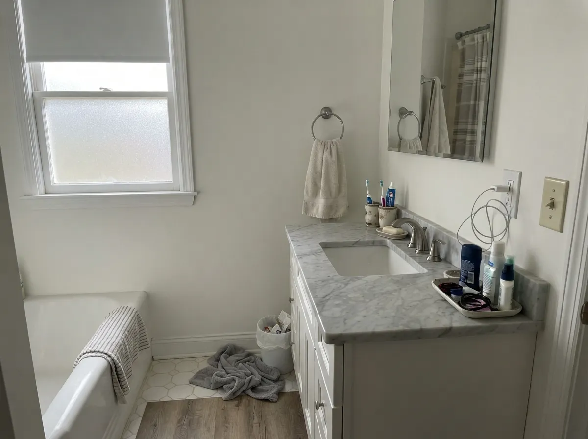It works the other side of the aisle too — next to cool gray marble it reads just as calm as it does next to warm wood.
