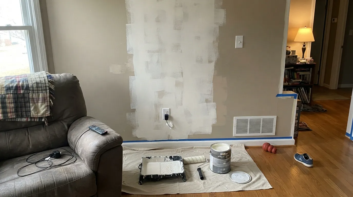 The honest shot: rolled straight over the old color with no primer, Whisper White streaks — the exact complaint that repeats across Home Depot's own reviews.