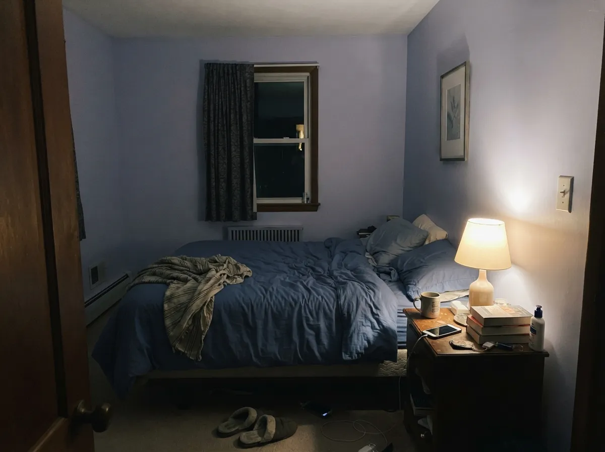 Under a warm 2700K lamp at night the lavender turns gently rosy instead of cold — about as cozy as a near-white this pale gets.
