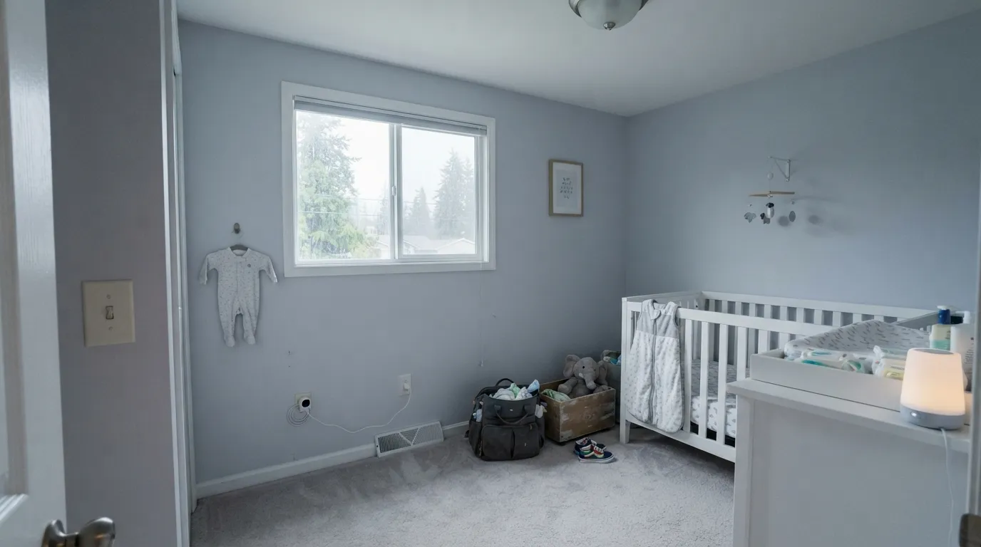 The honest shot: cool north light with no lamps strips out the little color it has and leaves a flat blue-gray — the light failed it, not the paint.