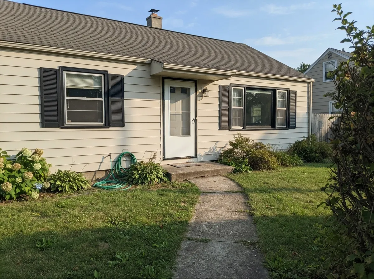 Behr's own recommended pairing outdoors — black trim against the warm siding for a crisp, stately look, brighter in full sun than it reads indoors.