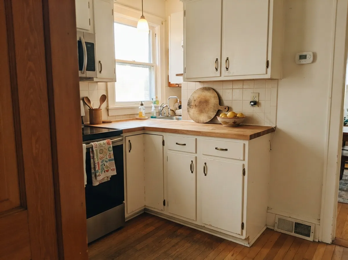 On Dynasty cabinets, with brass and butcher block, the warm-neutral undertone comes forward and does its best work.