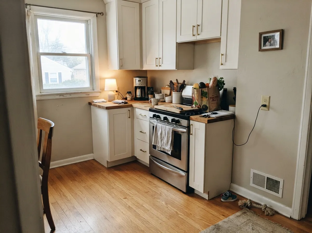 On cabinets it is the cheap good look — satin White Stone with brass and butcher block, hiding knuckle marks a brighter white would broadcast.