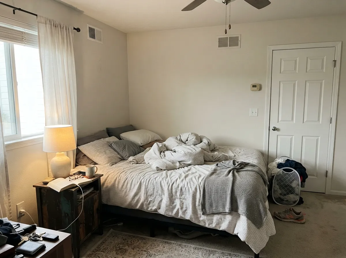 In a morning-lit bedroom the greige-muted cream stays soft — no lemon yellow, no hospital white.