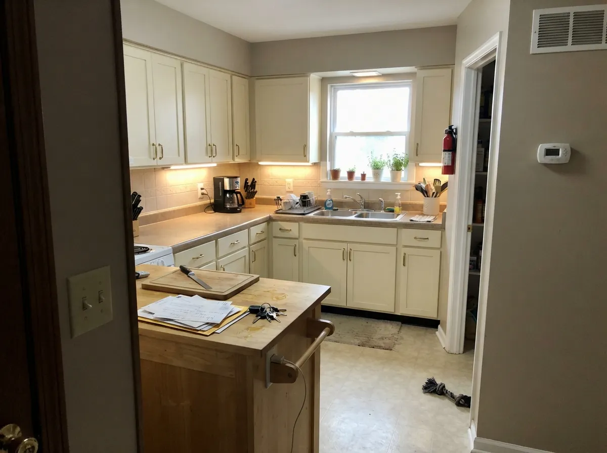 Satin White Truffle cabinets with brass and butcher block — the Home Depot farmhouse kitchen this color was chipped for.