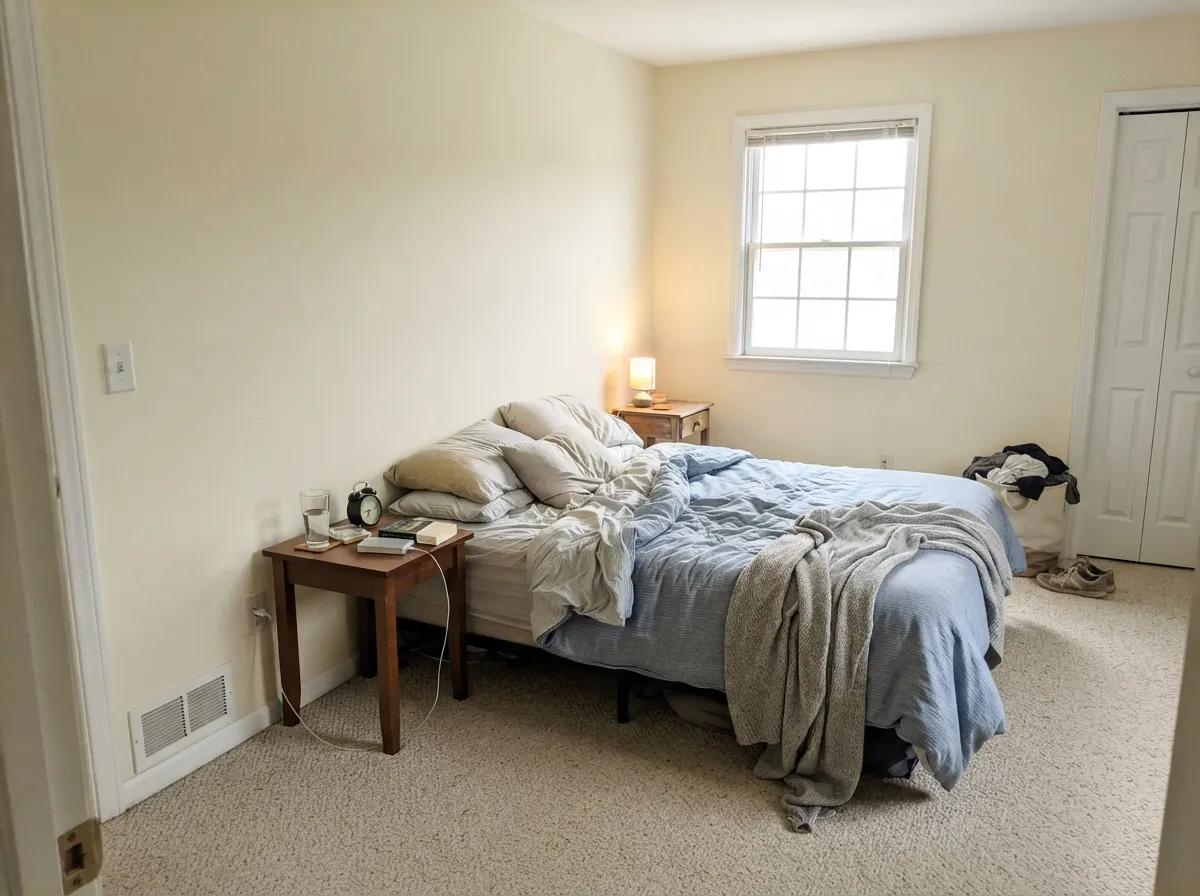 East light keeps White Truffle a soft ivory in a bedroom — the warm-lamp version still to come at night.