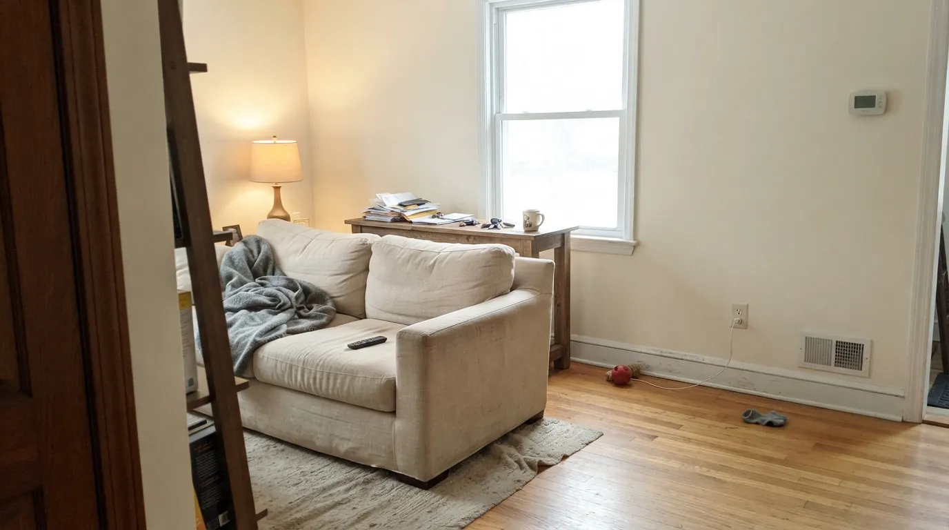 White Veil across an open living room in real south light — pale, soft, and unmistakably golden against the oak floor.