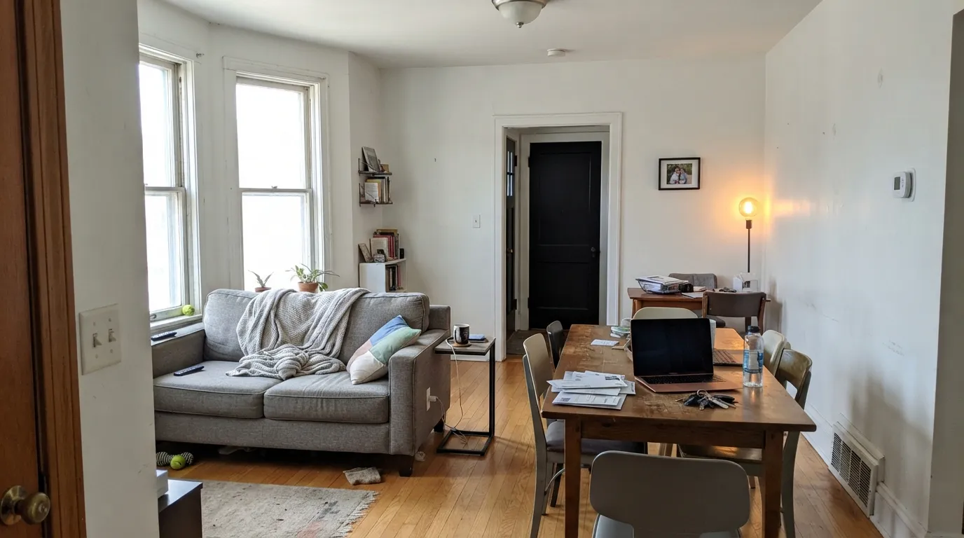 In good side daylight the walls read clean and plain, and the black doors give the room the contrast the paint itself does not supply.