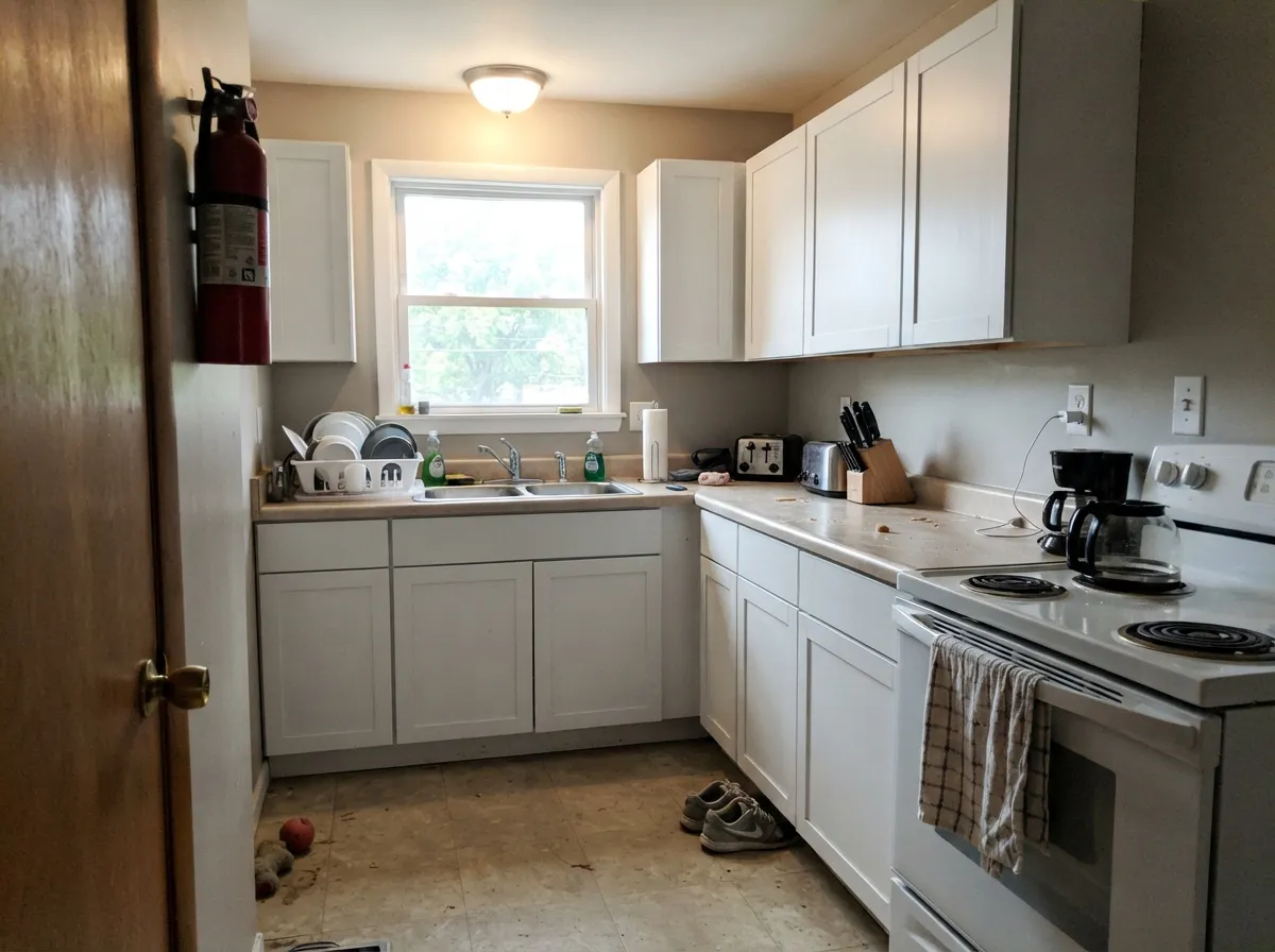 On cabinets it stays a straight modern white — no cream, no antique feel — with greige walls keeping the room from going clinical.