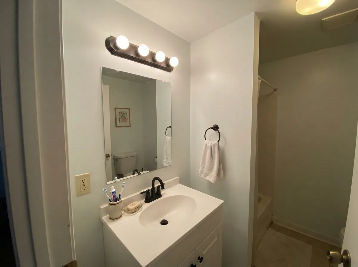 The job it does best: in a windowless bathroom under warm bulbs, LRV 88 makes the space feel twice as open.