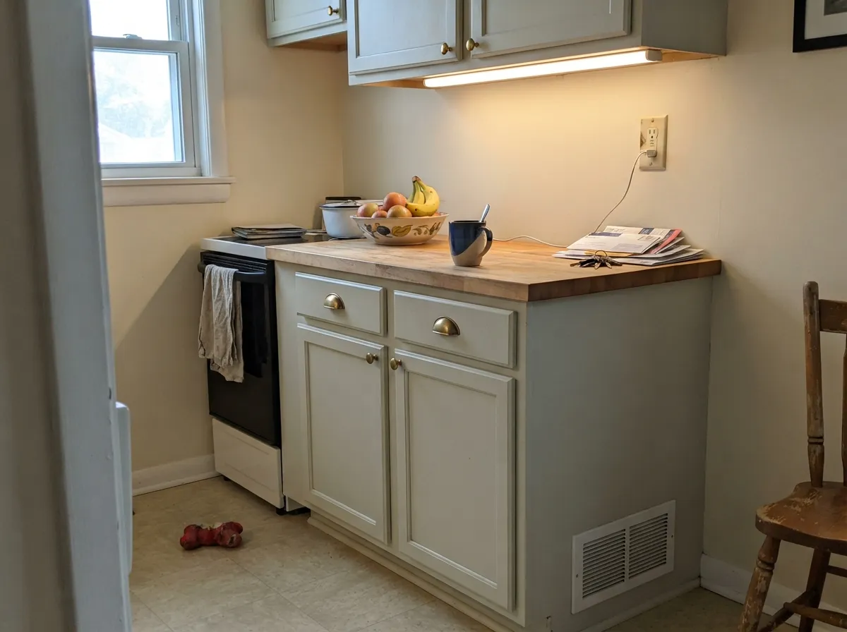 On cabinets, against a warmer wall and brass hardware, the faint green reads as a deliberate choice instead of an accident.