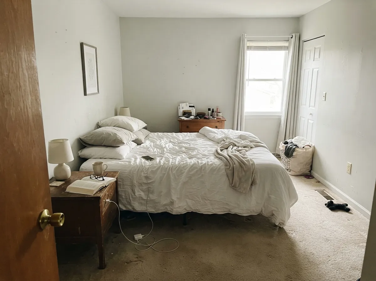 In a morning-lit bedroom it stays a quiet off-white — green buried, no cream, no clinic glare.