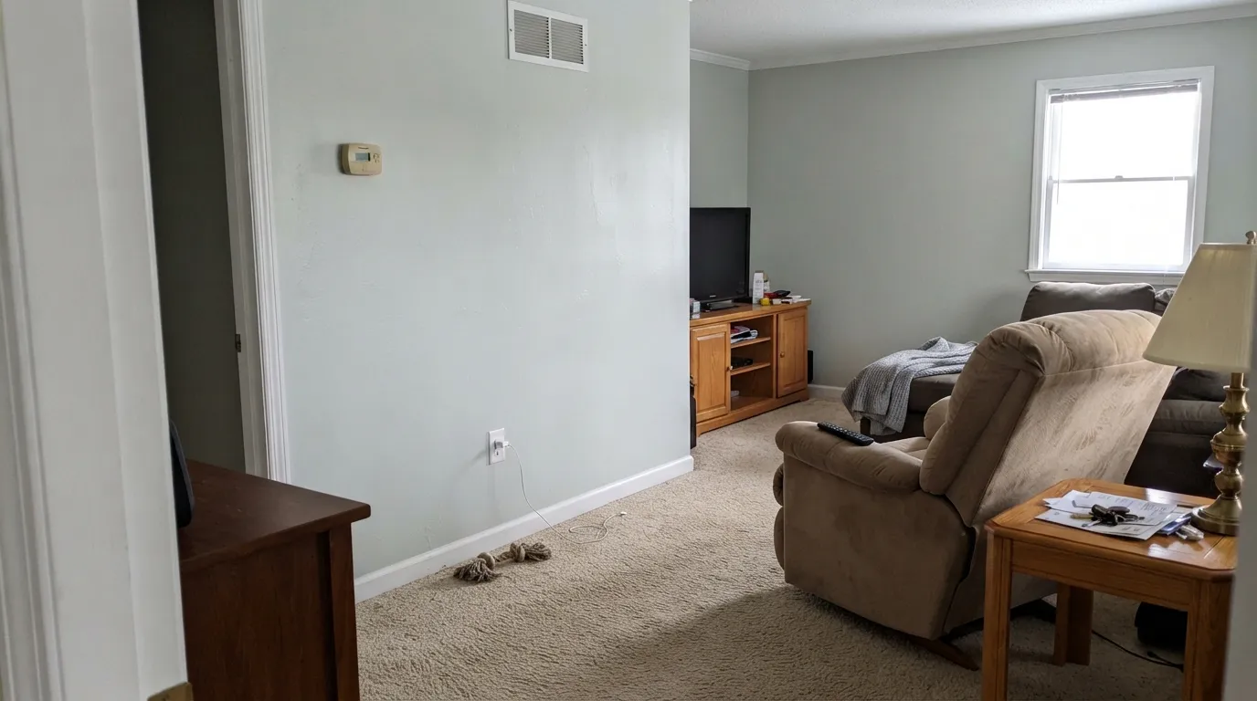 The honest shot: this is not Benjamin Moore Wind's Breath. Behr's version goes silvery green-gray — cooler and greener than the warm greige the name usually means, and dingy next to a bright white trim.