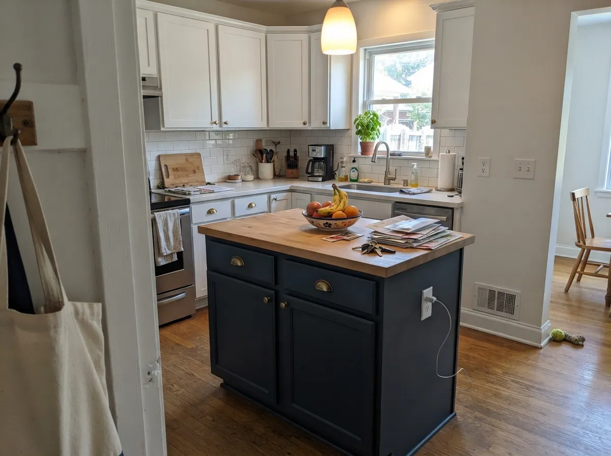 The combination it was built for: a dark island against a light perimeter, brass hardware keeping it warm instead of cold.