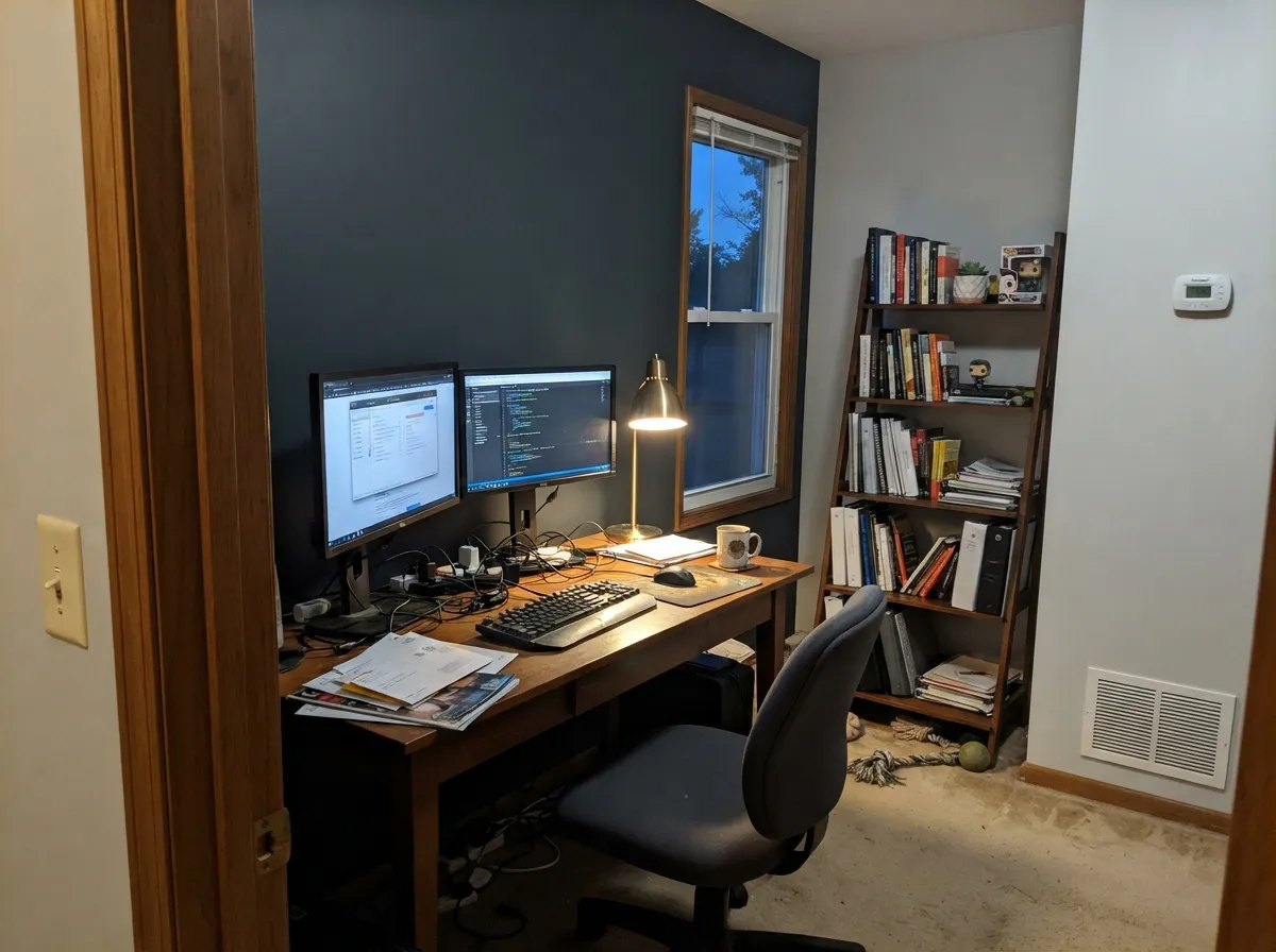 Under one warm lamp the blue undertone comes forward and the wall turns cozy and focused, not heavy.