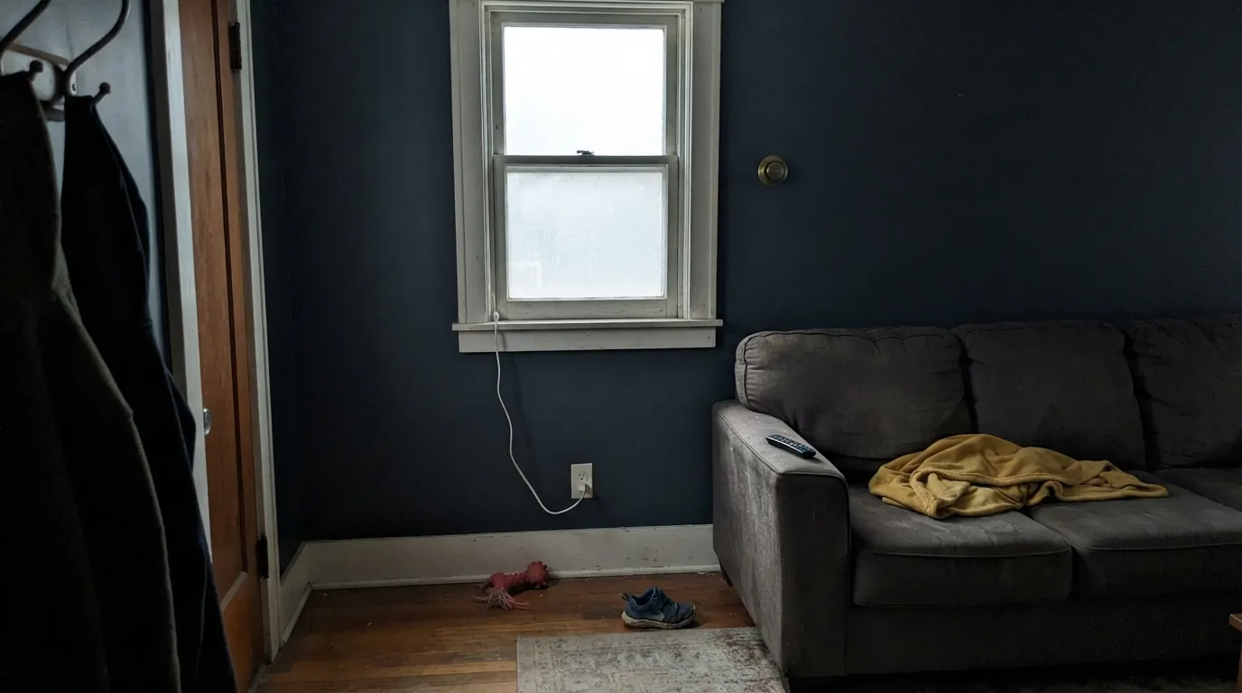 The honest shot: no daylight, no lamps, and Winter Way stops reading as a color and starts reading as a dark blur — the exact situation behind every "too dark" regret.