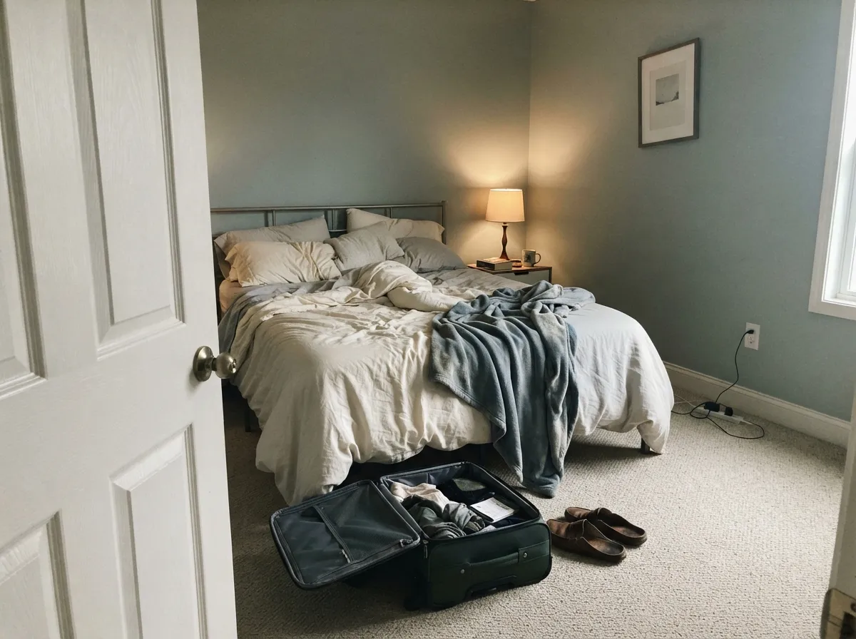 The documented keep: a daylit guest room in Zen — muted enough to feel like a weekend away, green enough that it is not another gray.