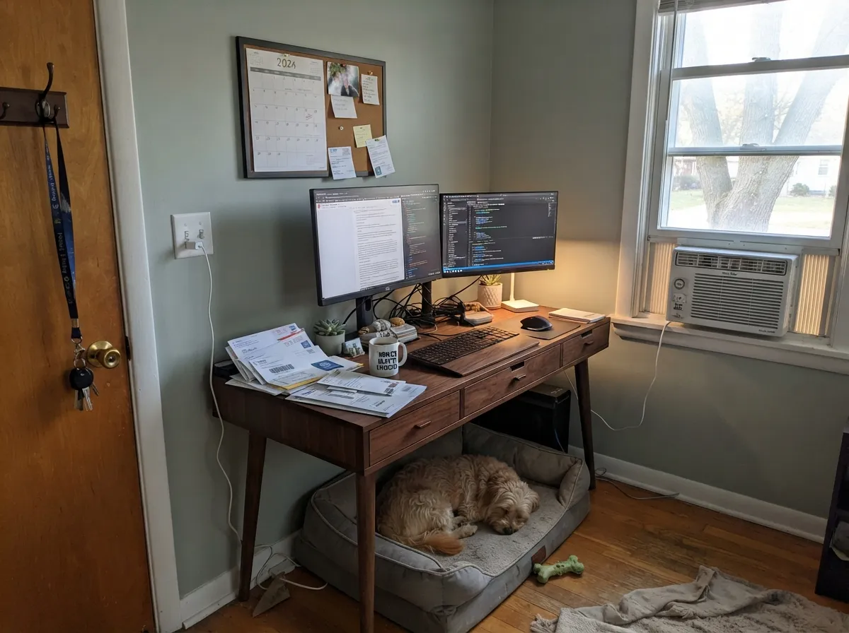West light keeps the sage visible in an office — calm on a video call without the hospital-gray north-room version.