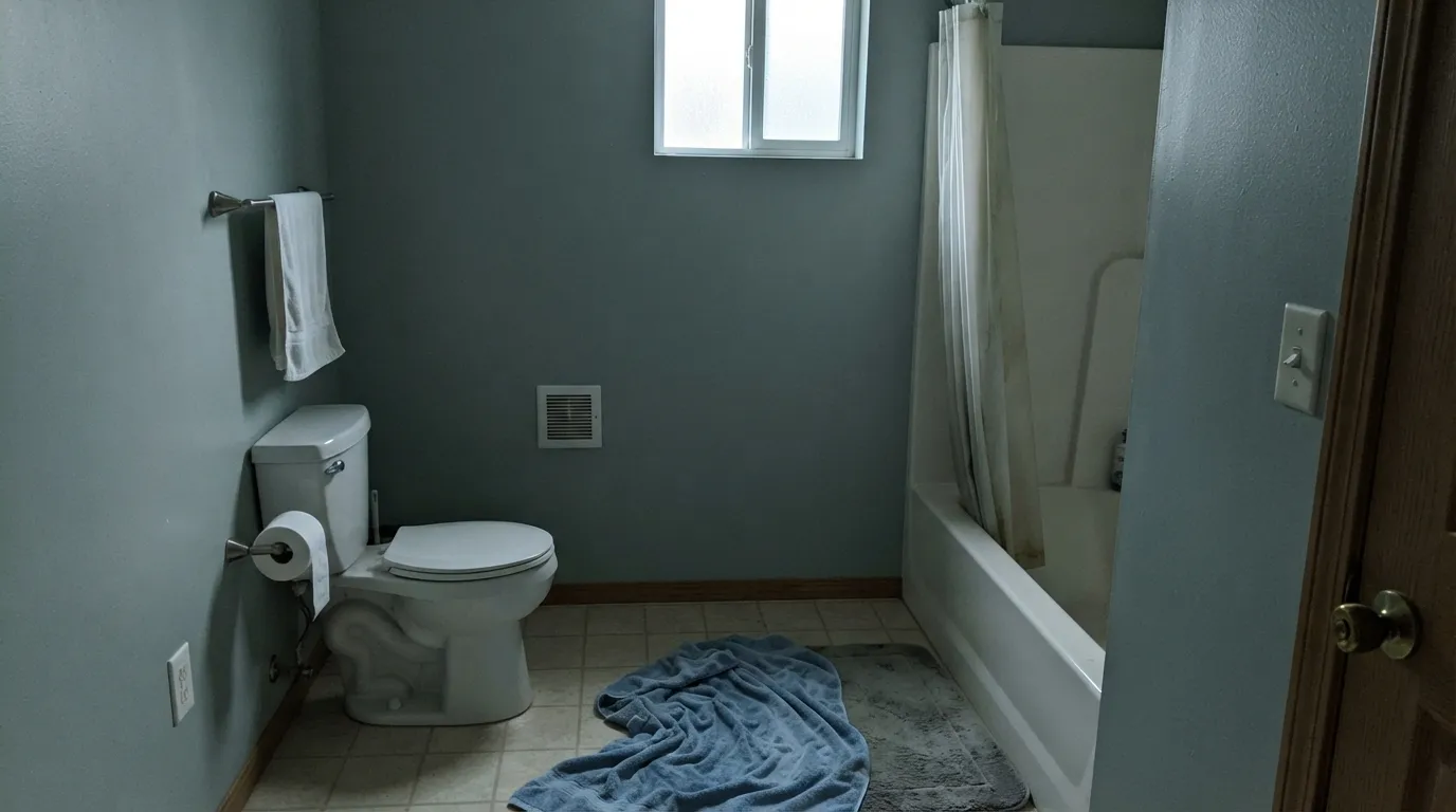The honest shot: in a dim north bath with the lamps off, the green drains out and Zen goes hospital-gray — the exact fail the spa search does not show.