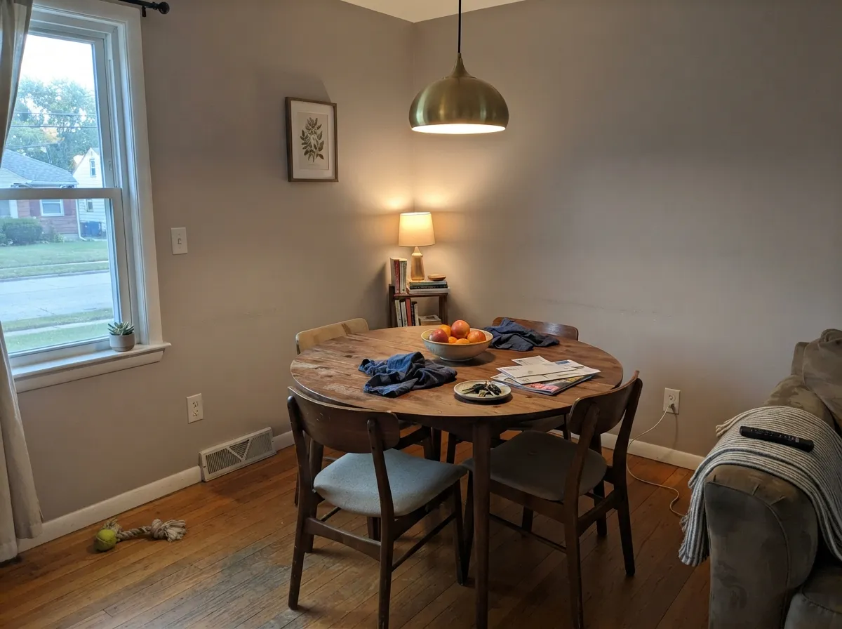 With walnut and brass under warm lamp light, the color settles into a soft, dusty taupe-mauve — its best evening company.
