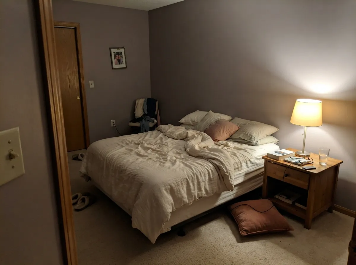 Under a warm bedside lamp the mauve comes forward and the room turns quietly cozy — the light this color was made for.