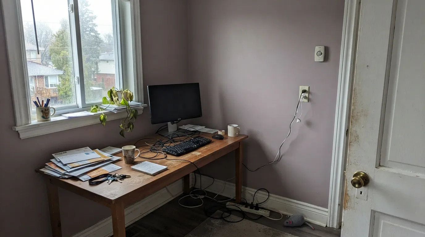 The honest shot: cool north light on an overcast day strips the warmth out and leaves a flat, slightly lavender gray — exactly the room this color should skip.