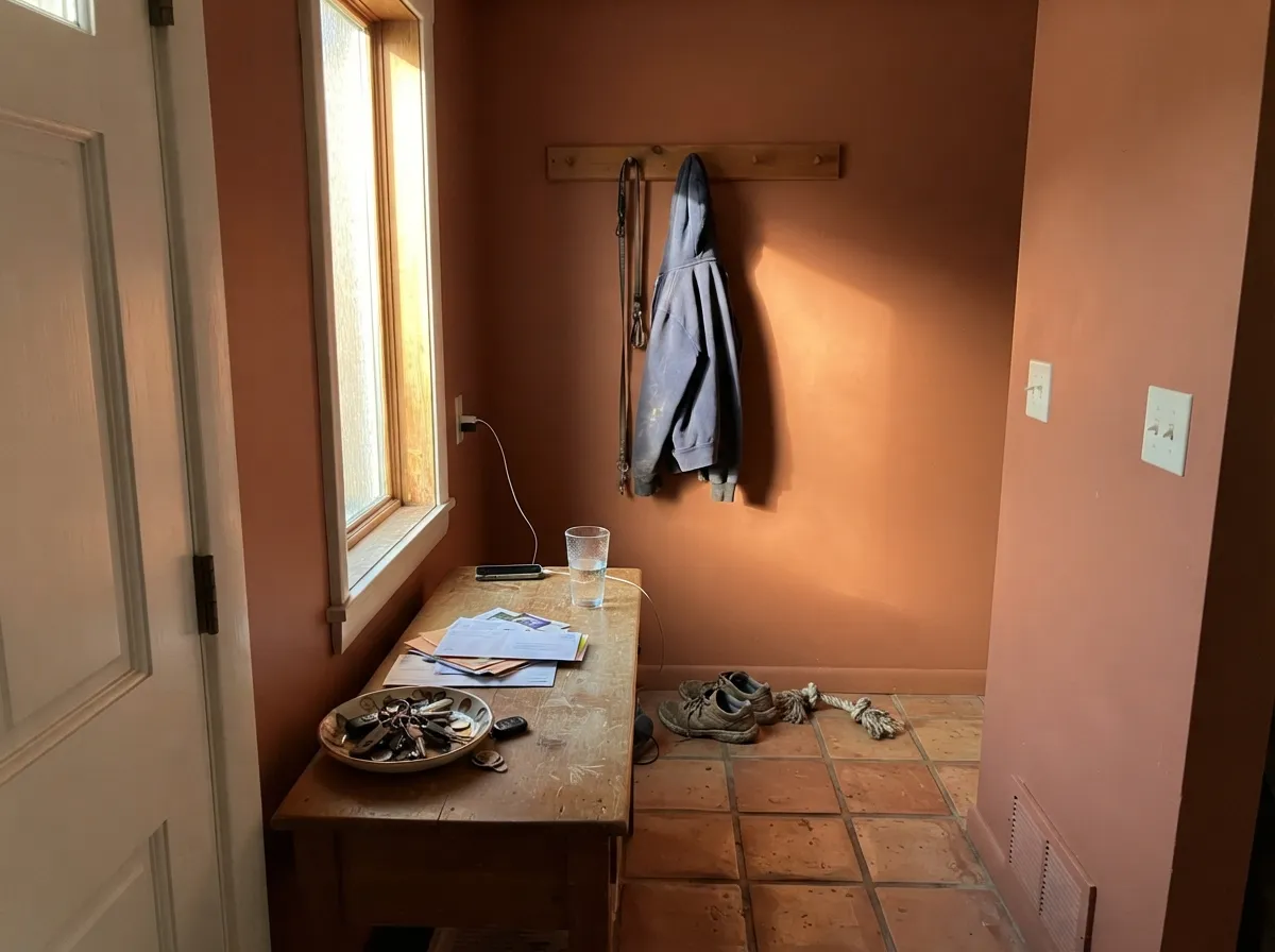 In a sunny entryway with terracotta tile it doubles down on the same warmth instead of fighting it.