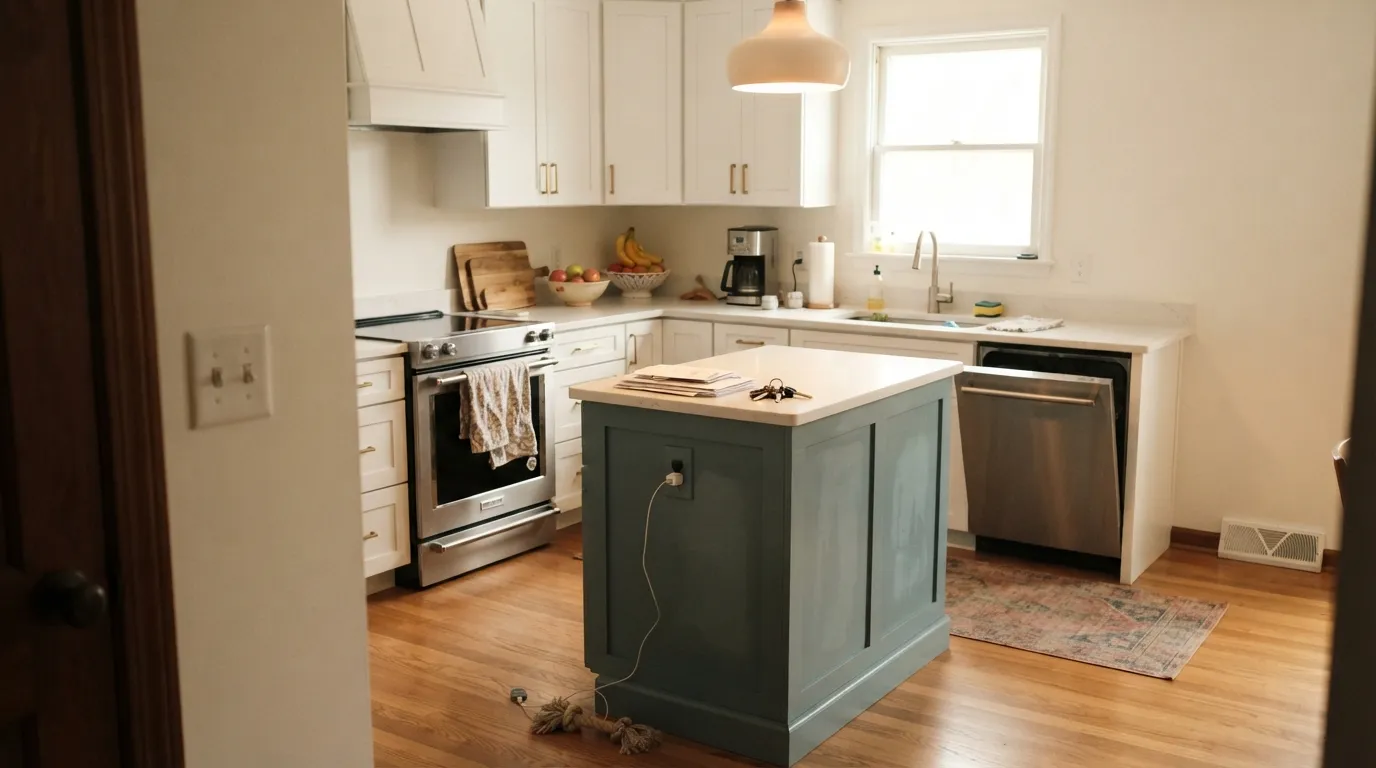 Aegean Teal on the island against white perimeter cabinets — the pairing this color is best known for, with brass pulls and warm light doing the rest of the work.