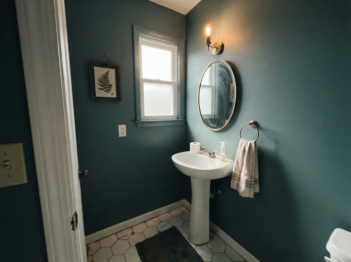 A powder room drenched in Aegean Teal — small enough to take the full depth of the color without the light-dependency risk of a bigger room.