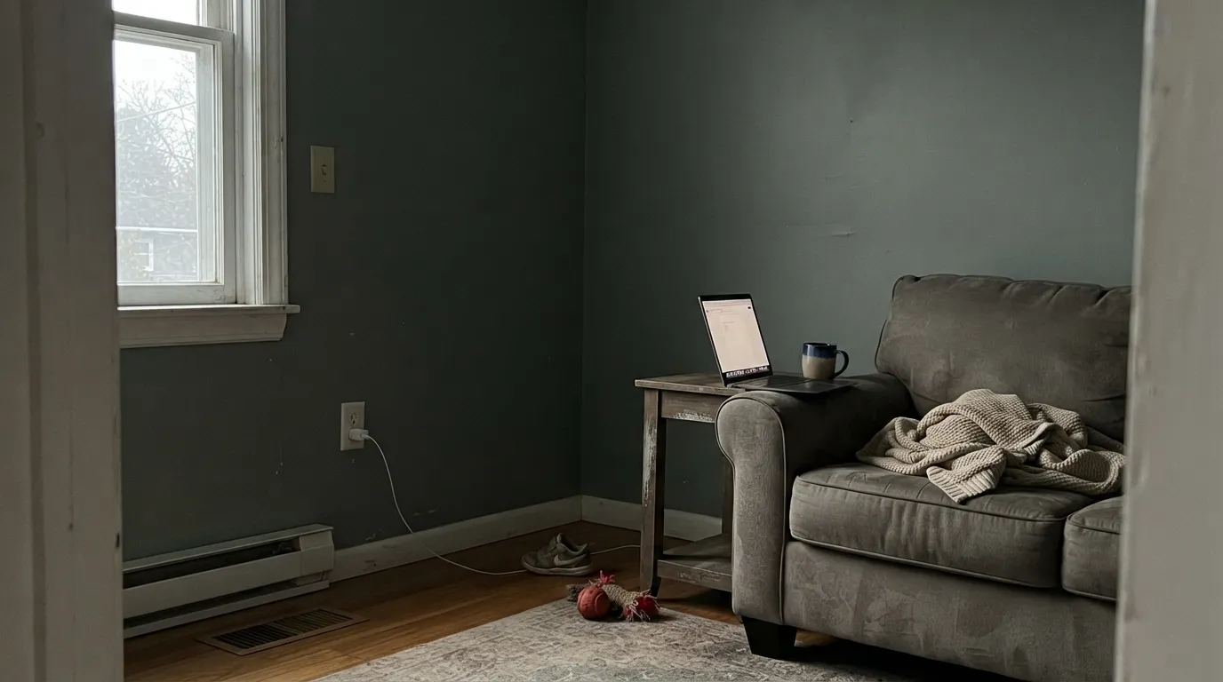 The honest shot: cool overcast light strips the blue-green out and leaves a flat, muddy gray-green — the single biggest complaint about this color, and the reason to sample big before committing four walls.