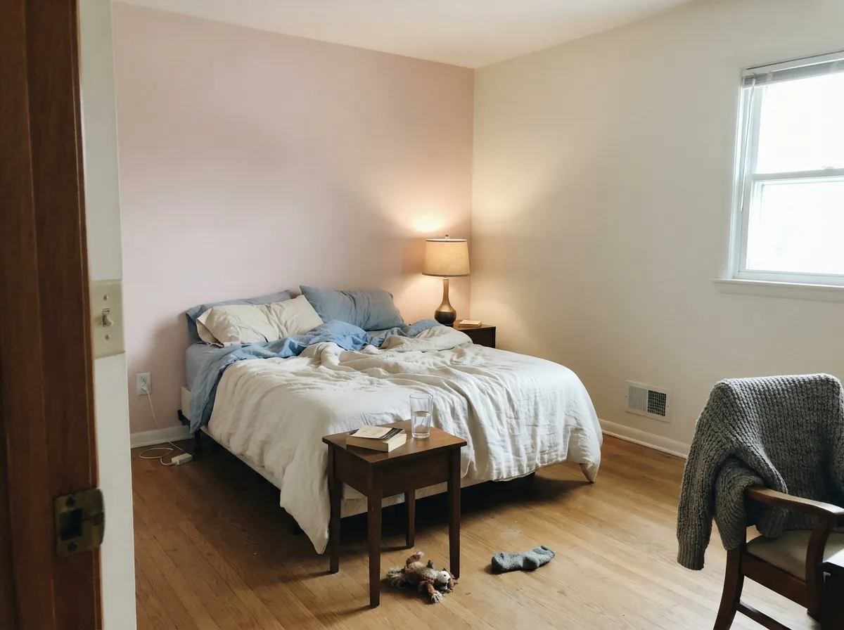 The bedroom case for Alabaster: its warmth is quietly pink, so a blush accent wall reads intentional instead of accidental.
