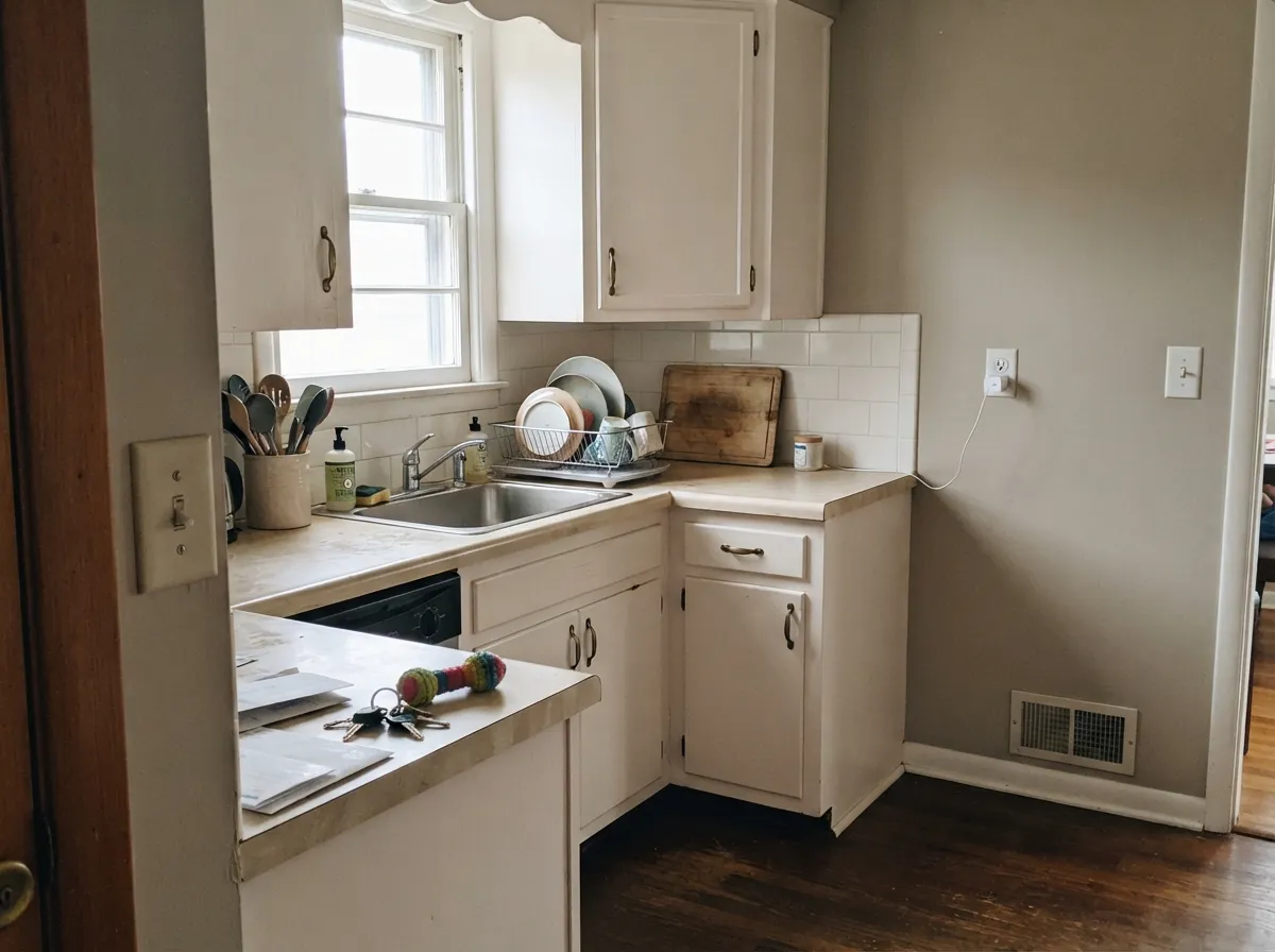 On satin cabinets against warm greige walls it looks custom rather than builder-basic, and the warmth hides handprints around the pulls.
