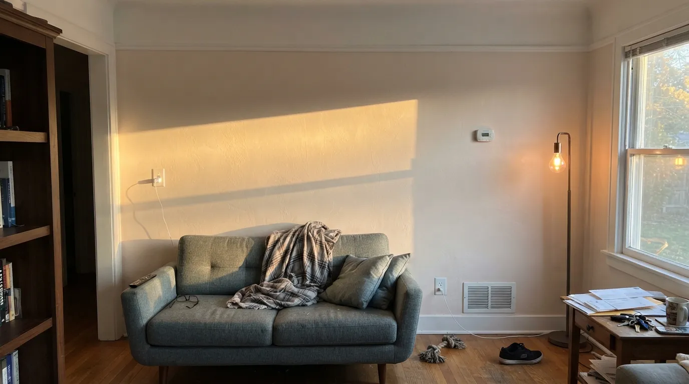 The honest shot: late west sun plus a brighter builder-white ceiling, and Alabaster's pink comes straight out — the exact complaint people post with a photo attached.