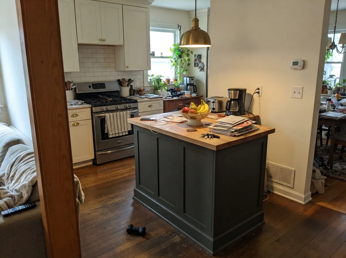 An island under pendant light, perimeter cabinets in Swiss Coffee — the near-black reads considered, not heavy.