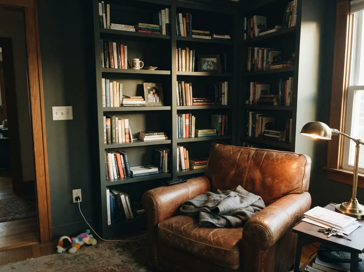 Afternoon light on built-in shelving: warm enough to keep the moss legible, dark enough to hide fingerprints.