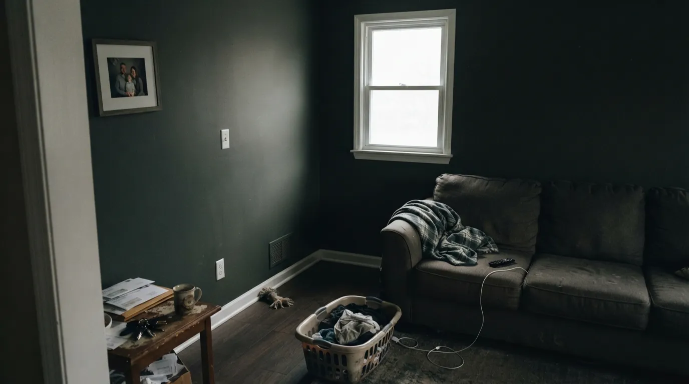 The honest shot: a north-facing room with no real light source. Painted on all four walls, the green disappears completely — this is what "cave-dark" looks like.