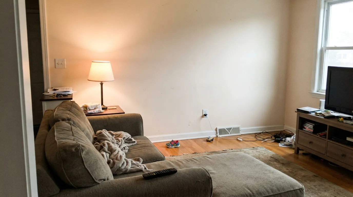 Atrium White running walls and trim together in a real family room — warm enough at five o'clock that the lamp light and the wood agree with it.