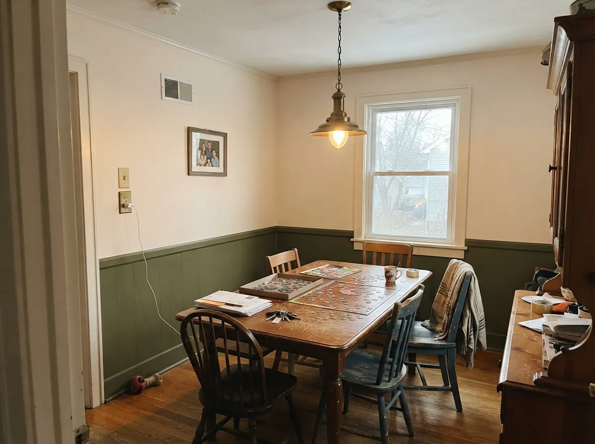 Against a historical olive wainscot the warm white reads soft and old-house, never yellow.