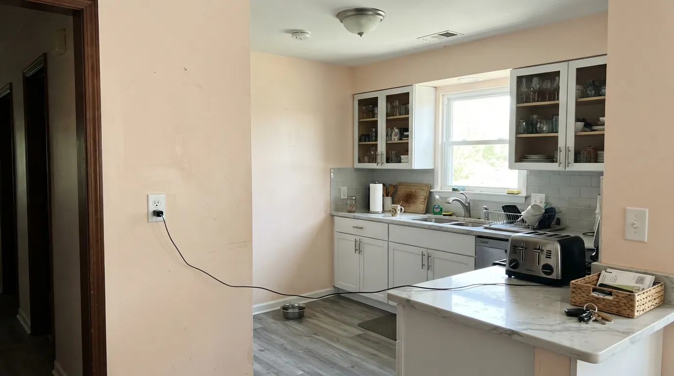 The honest shot: next to cool white cabinets and grey quartz, the red under Atrium White comes straight out and the walls read pink — the complaint behind almost every bad review.