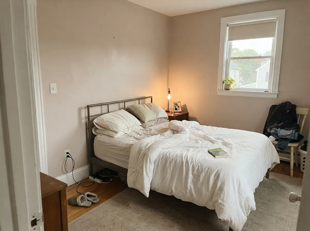 In gentle morning light the walls stay soft and warm — no yellow, no gray, just a quiet backdrop.