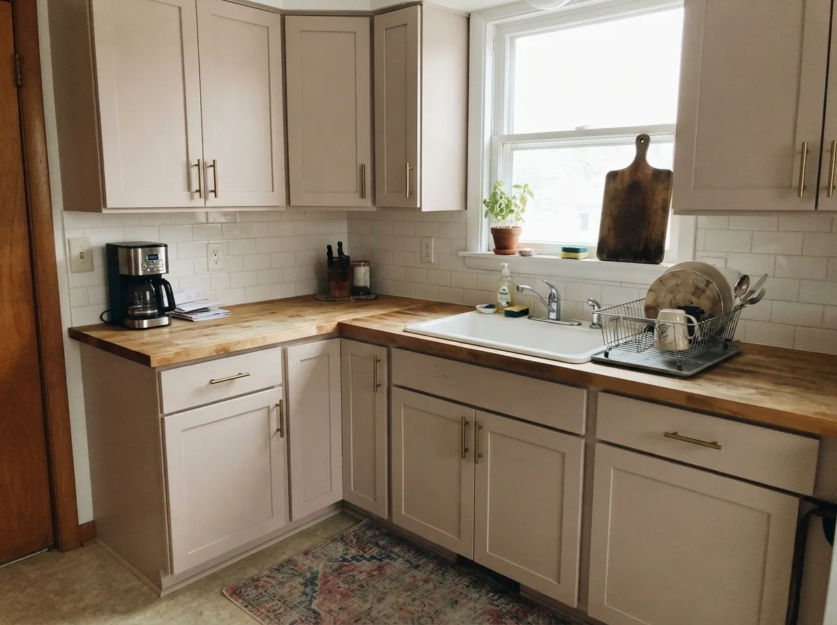 On cabinets it goes low-contrast and warm, and it hides the knuckle marks around the handles that a bright white would broadcast.